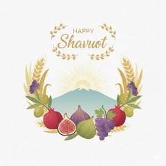 Happy Shavuot Harvest Festival Poster with Fruits and Wheat