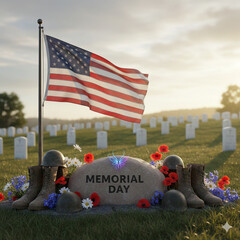 Memorial Day Cemetery Tribute with American Flag and Fallen Soldier Memorial
