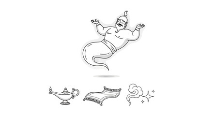 Genie emerging from lamp with magic carpet and smoke, fantasy illustration