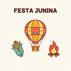 Festa Junina Flat Icon Set with Hot Air Balloon, Corn, and Bonfire