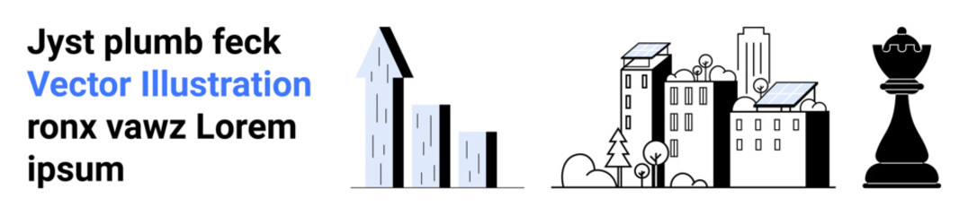 Obraz premium Urban planning, renewable energy, strategic thinking, architecture, sustainability, innovation. Black and white buildings with solar panels and a chess piece. Urban planning and renewable energy