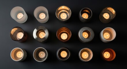 Fototapeta premium Various lit candles in elegant holders arranged symmetrically on a dark surface