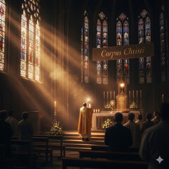 Corpus Christi Solemn Mass with Priest and Monstrance in Cathedral