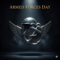 Armed Forces Day Emblem with Helmet, Wings, and Anchor on Dark Background