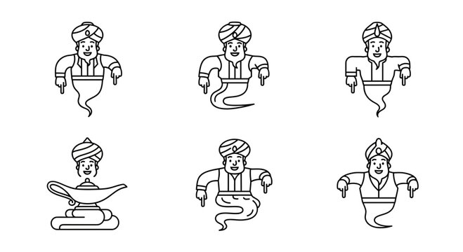 Genie Icons Set: Magic Lamp, Djinni Characters, Fantasy Creatures, Mystical Beings
