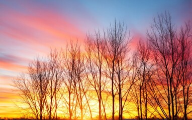 Obraz premium Bare Trees Silhouette Against Fiery Sunset Sky with Colorful Clouds