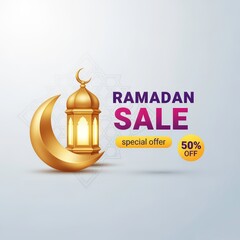 Digital Ramadan Sale Advertisement Showcasing Gold Crescent Lantern Against Gradient Sky