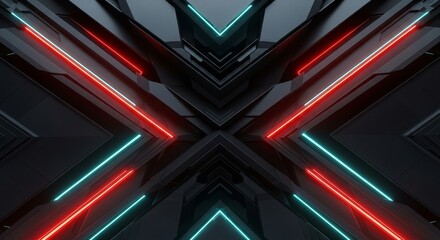 Symmetrical Abstract Dark Futuristic Sci Fi Background With Neon Red And Blue Lights