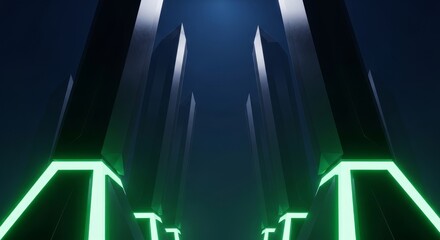  Futuristic Cityscape With Neon Green Lights And Dark Towers Under Blue Sky