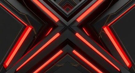 Abstract Black Geometric Structure With Red Neon Light Accents In Dim Lighting