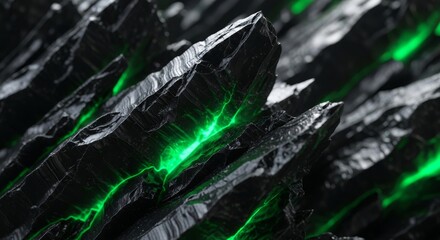 Abstract Dark Crystalline Structures With Vibrant Green Energy Luminescence And Sharp Edges