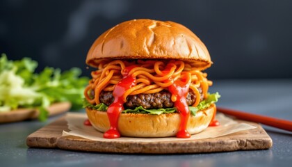 Vibrant Gourmet Burger with Asianinspired Twist Wooden Board