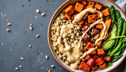 Colorful Vegetable Bowl with Drizzled Dressing Dark Surface