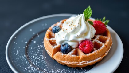 Golden Waffle with Fresh Berries and Whipped Cream
