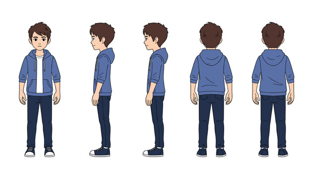 Character design sheet of a young boy wearing a blue hoodie and jeans from front, side, and back perspectives on white.