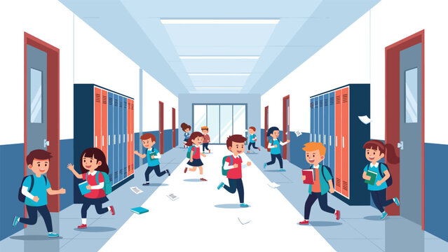 Group of diverse children running and playing in a colorful school hallway with lockers and classroom doors on both sides.