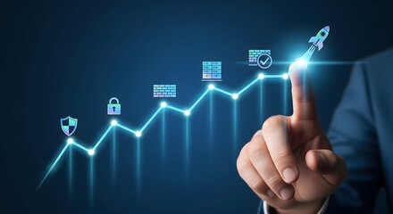Obraz premium Cybersecurity growth chart with hand touching a rocket icon.