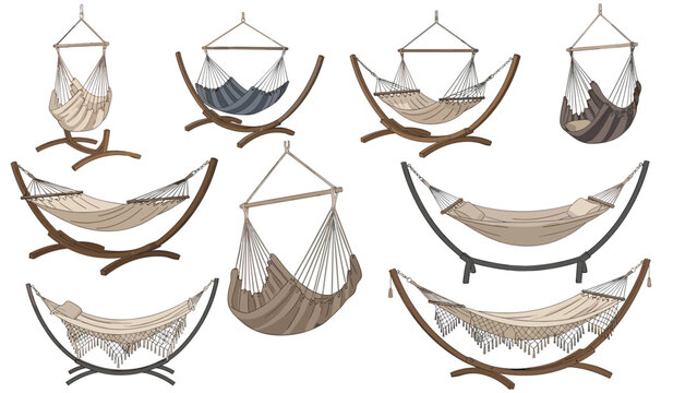 Diverse selection of hanging hammocks and hammock chairs with different designs and frames for indoor or outdoor relaxation.