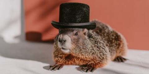 Fototapeta premium Marmot Wearing a Black Top Hat posing for Groundhog Day celebration in a professional studio setting with copy space for festive greeting card designs and holidays