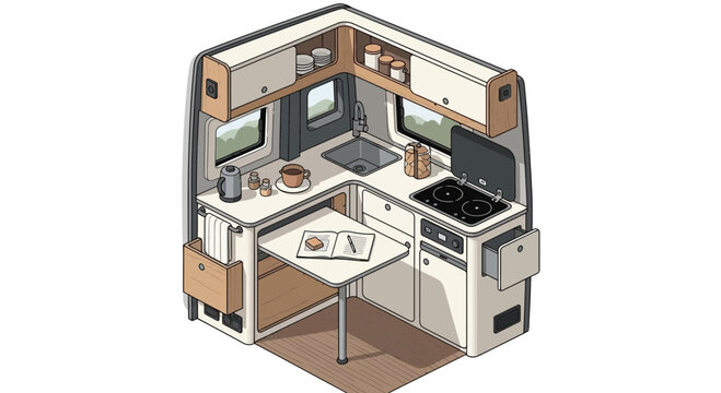 Compact Campervan Interior Design Illustration.