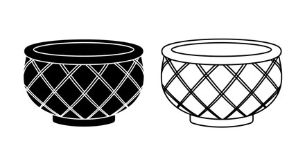 Vector black and white outline icons of traditional Japanese tea bowls with a diamond lattice pattern, isolated on a transparent background.