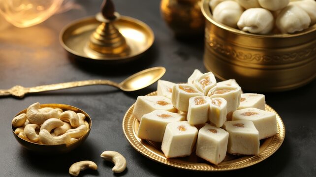 Artistic presentation of white fudge sweets on golden platter with cashew nuts and cutlery
