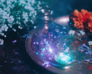 Traditional Puja Tray with Glowing Oil Lamp and Flowers on Dark Wood Surface for Religious Celebration Marketing and Social Media Content with Vibrant Neon Tones