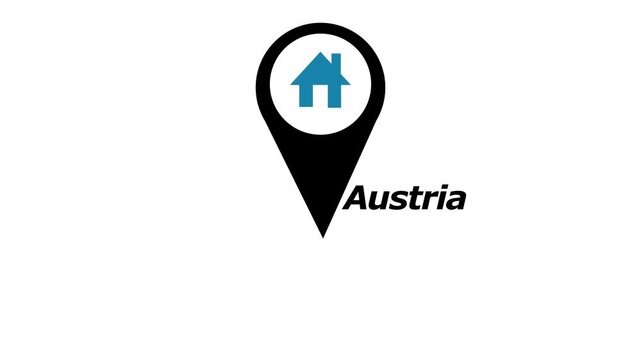 Location of the Country Austria the name of the place with the location has been displayed, with white background,4k RPS location video animation.