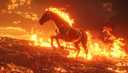 Fiery Horse Galloping Through Inferno - A Dramatic and Intense Scene.