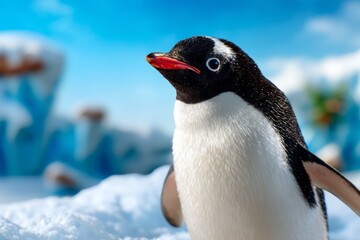 Closeup of a Penguin in Snowy Icy Area Under Bright Blue Sky