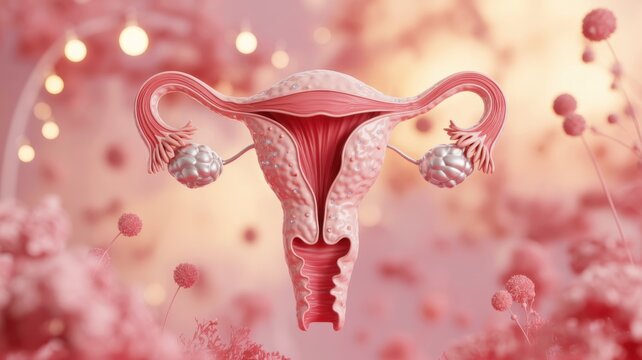 Medical illustration of female reproductive system uterus and ovaries in pink dreamscape