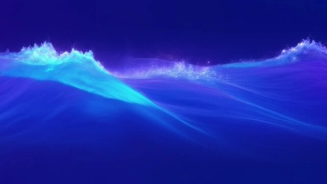 Abstract depiction of a glowing blue wave cresting over a darker blue surface with a purple hue in the background and a white area below.