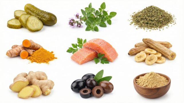 Variety of healthy food ingredients and spices on white background studio shot