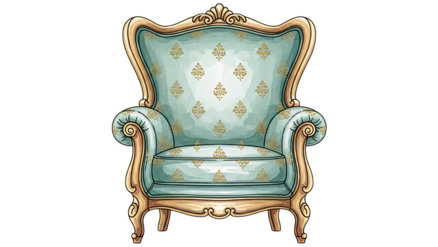 Blue chair with gold pattern back and gold trim around the arm.