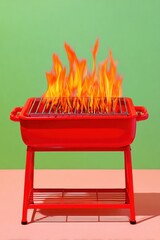 Red Barbecue Grill with Hot Burning Fire Flames and Empty Grid for Outdoor Party Concept on Sage Green and Beige Background with Copy Space