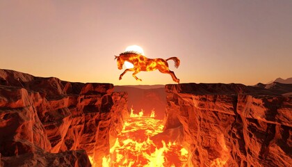 Fiery Horse Leaping Over a Chasm of Flames at Sunset.