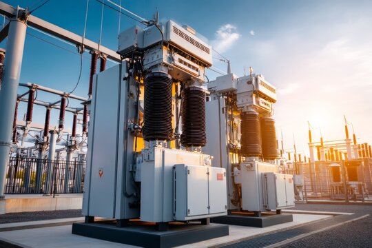 High Voltage Transformer Substation Equipment at Sunset with Bright Sky