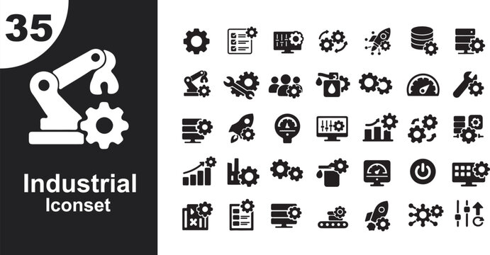 Set of industrial style vector icons representing manufacturing, engineering, construction, and heavy machinery