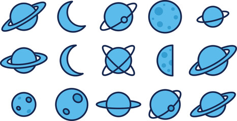Cute space planet icons set in blue with Saturn rings and moons, perfect for astronomy themes, kids designs, science projects and space stickers © ArtMint