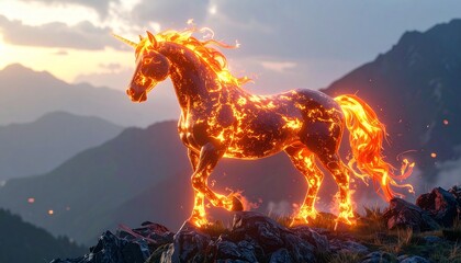Fiery Unicorn Standing on Mountain Peak at Sunset.