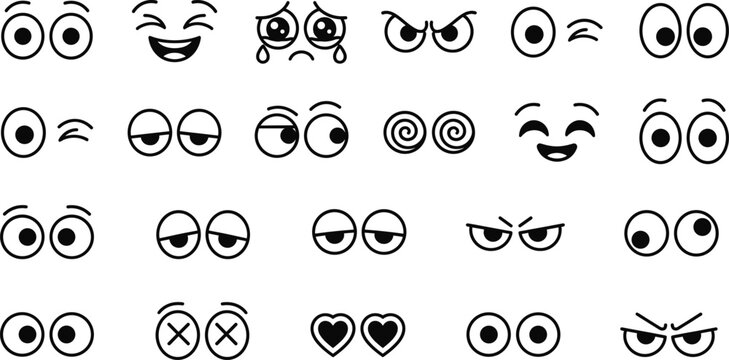 Cartoon eyes expressions icons set in black and white with different emotions, perfect for character design, stickers, emojis, games, chat reactions and UI icons