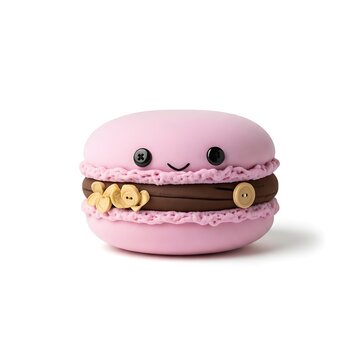 Cute pink macaron plush toy with facial features and a chocolate filling isolated on transparent background, isolated on white background, illustration