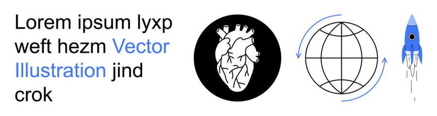 Fototapeta premium Science, education, healthcare, global connections, innovation, space exploration. Human heart diagram, globe with arrows rocket icon and text. Science and innovation concept