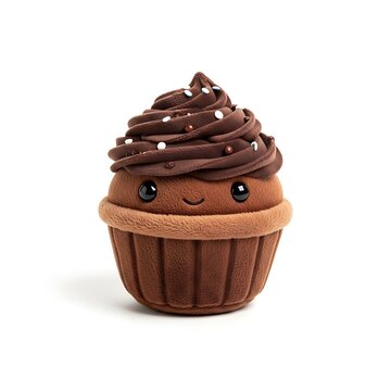 Charming chocolate cupcake plush toy with expressive eyes and chocolate frosting isolated on transparent background, isolated on white background, illustration