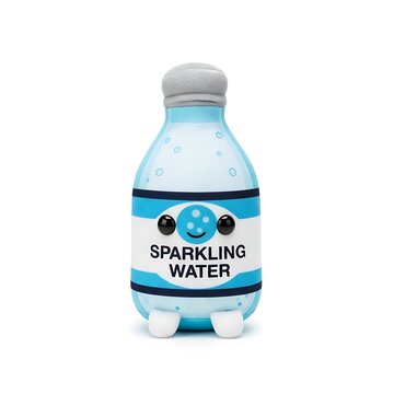 A playful robot-shaped bottle of sparkling water with a blue and white design isolated on transparent background, isolated on white background, illustration