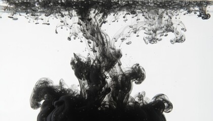 Abstract Black Ink Swirling in Clear Water with Bubbles and Dynamic Motion