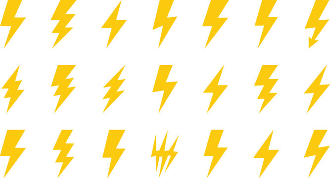 Yellow lightning bolt icons set with thunder shapes in flat style, ideal for electricity, energy, power symbols, warning signs and weather graphics