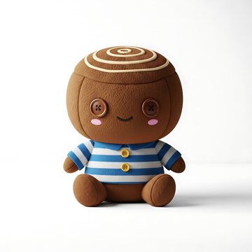 Cute brown teddy bear with a blue and white striped shirt and a swirl on its head isolated on transparent background, isolated on white background, illustration