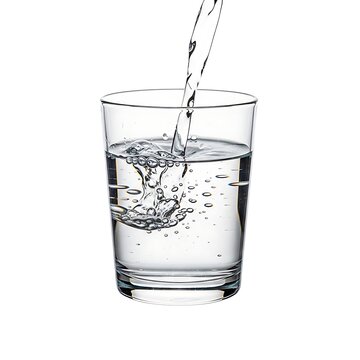 A clear glass of water being poured with droplets splashing around the rim isolated on transparent background, isolated on white background, illustration