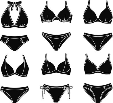 Collection of Black Bikinis and Swimwear Illustrations Featuring Varied Styles Whisk